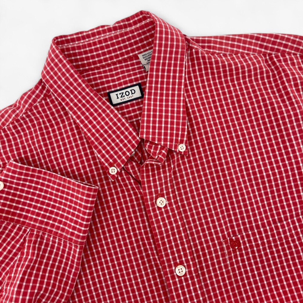 IZOD EST 1937 Red White Plaid Long Sleeve Button Up Shirt Mens XL/XG